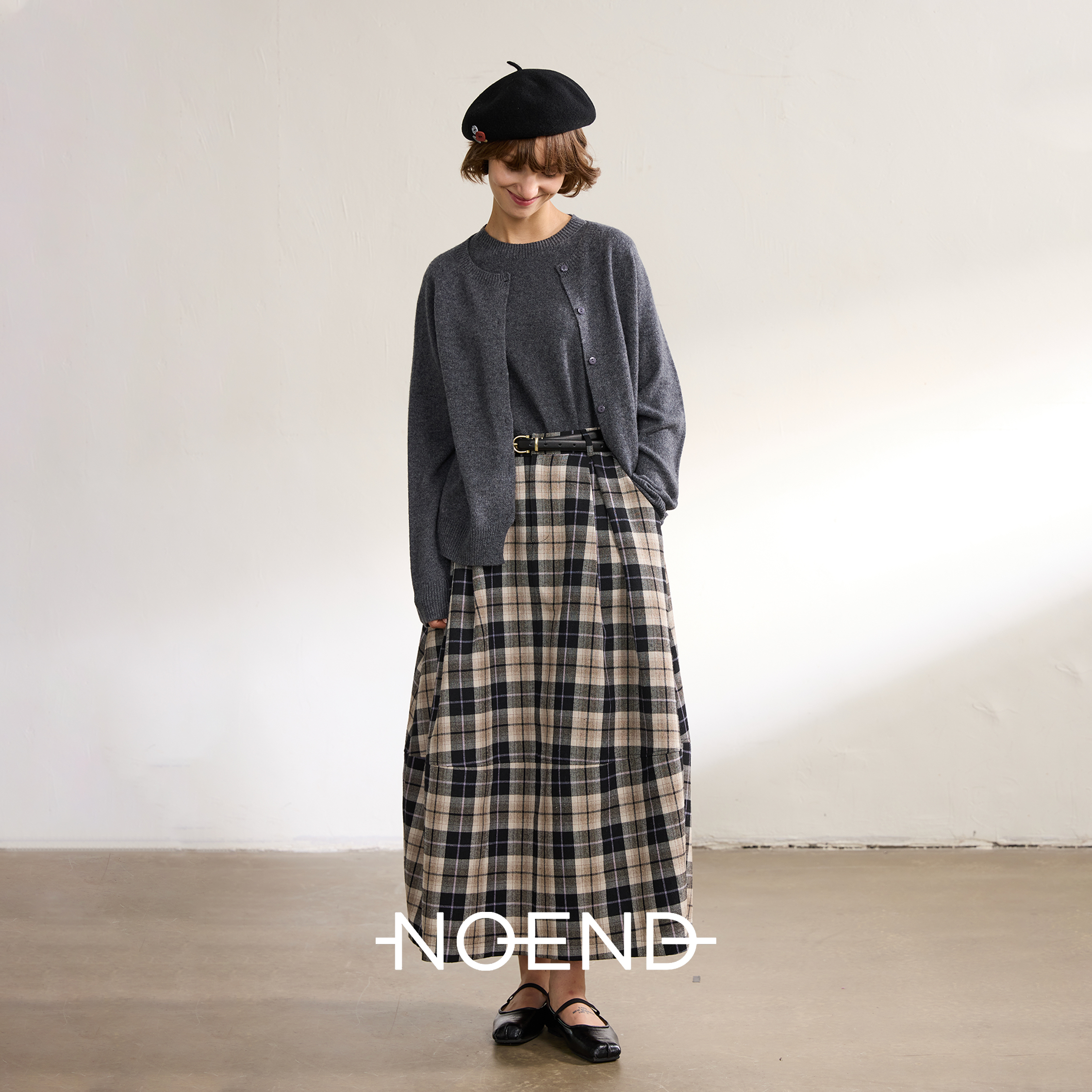 NOEND【漫游冬野画境系列文艺复古秋冬磨毛格纹 松紧腰显瘦半身裙