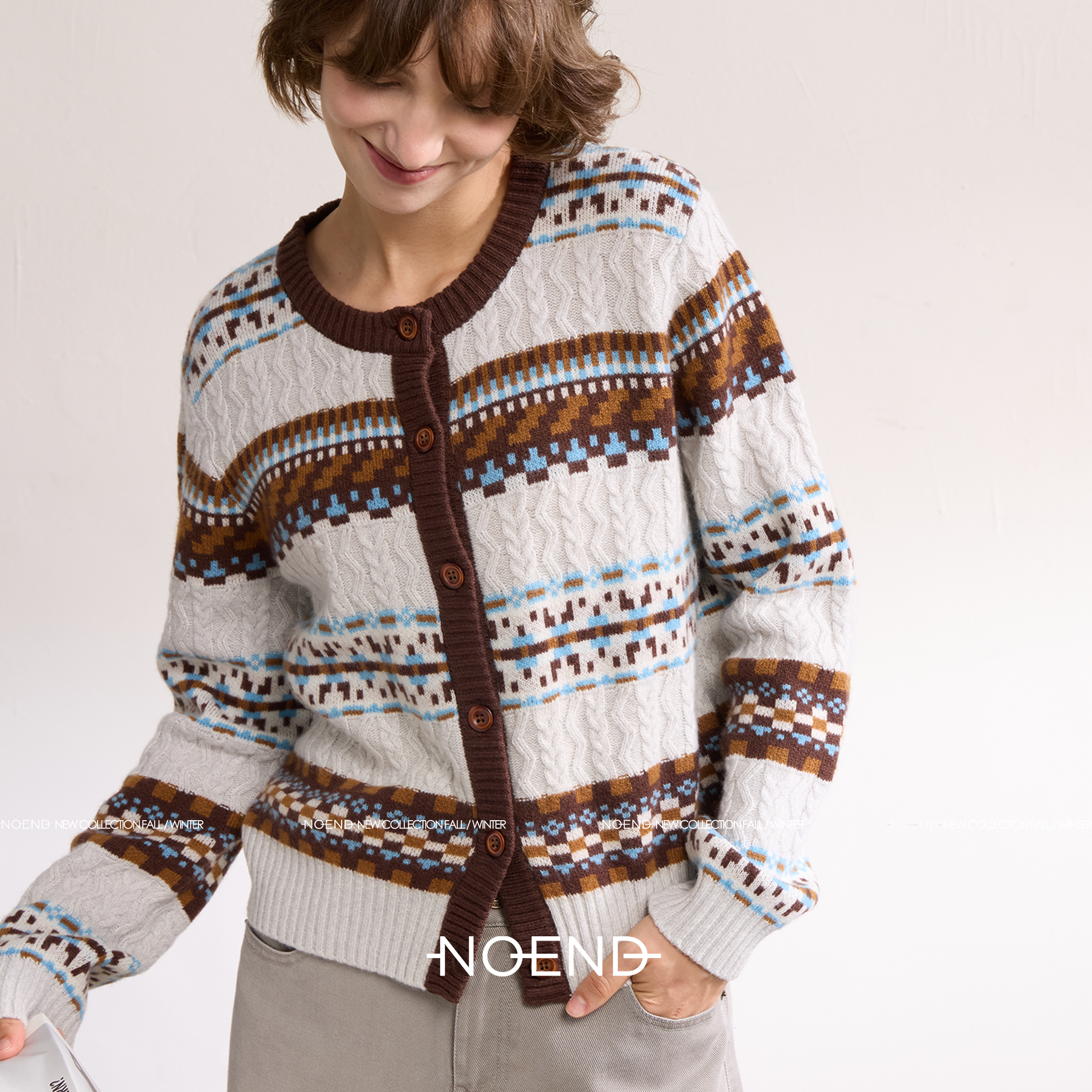 NOEND25AW 100%绵羊毛复古费尔岛多层提花 纯羊毛长袖开衫外套