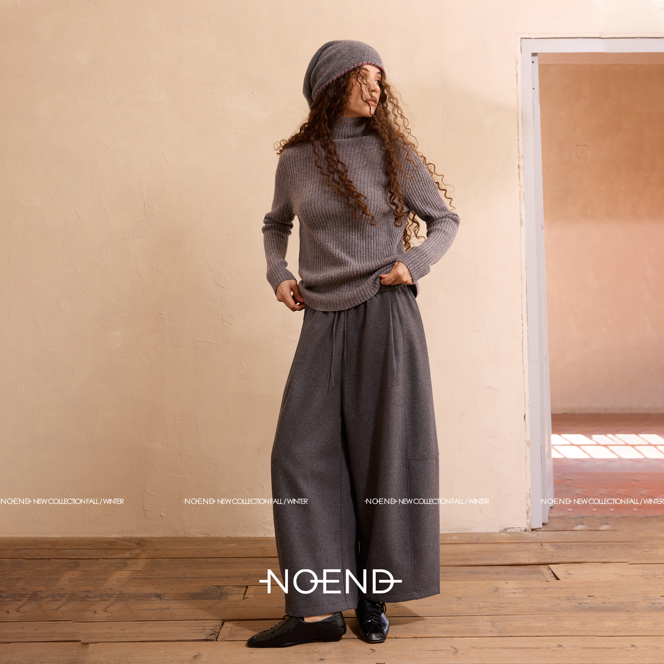 NOENDNOEND25/日系简约羊毛花苞裤松紧腰立体剪裁九分裤