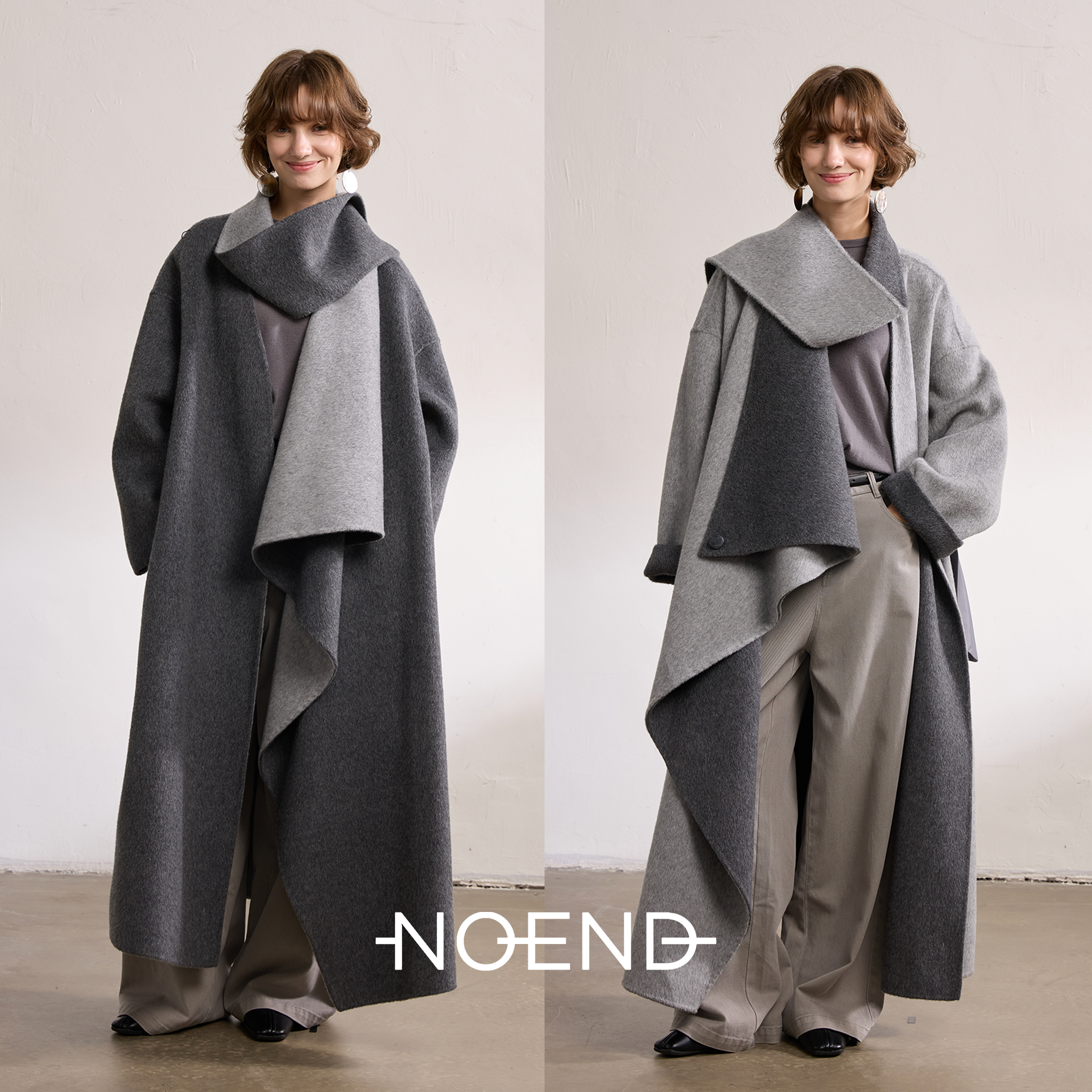 NOEND【实用主义 正反两穿】慵懒不对称围裹式双面100%绵羊毛大衣