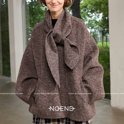 NOEND【慵懒随性 ROW风】羊毛羊驼蝙蝠袖兔耳型围巾宽松短大衣