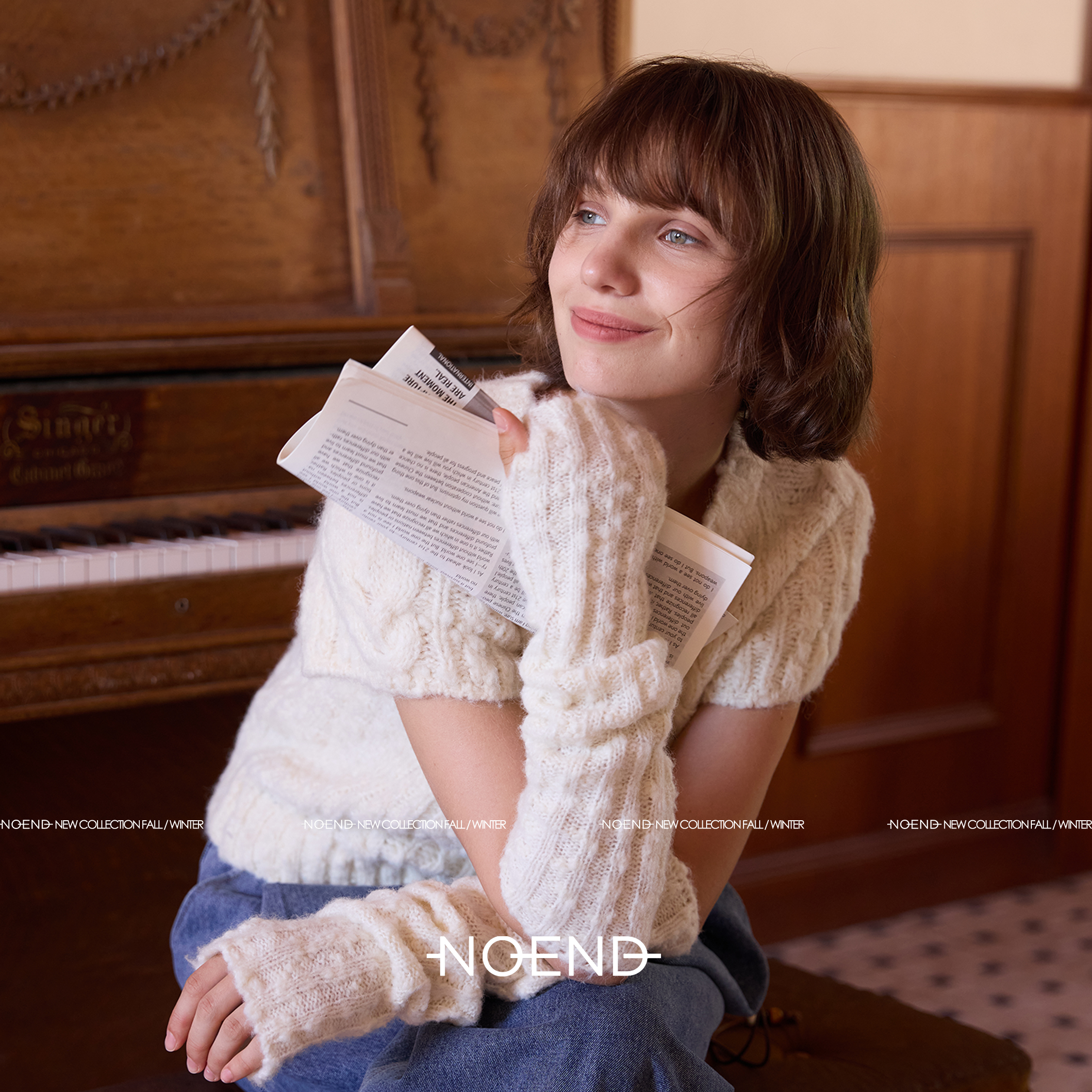 NOEND25/摩而曼斯克复古浪漫可脱卸袖坑条麻花短袖毛衣