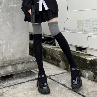 【分段式压力显瘦】长筒袜过膝袜春秋款黑灰拼接学院风JK小腿袜X1