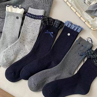 日系少女长袜Y 格雷系芭蕾风皮鞋 格子花边袜子女中筒袜秋冬季 款