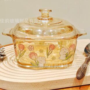 耐高温泡面碗带盖微波可用大碗汤碗家用高颜值双耳碗具卡通玻璃碗
