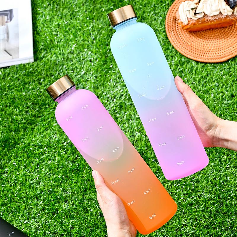 韩式1000ml太空杯健身运动水瓶时间刻度高颜值渐变色磨砂水杯跨境