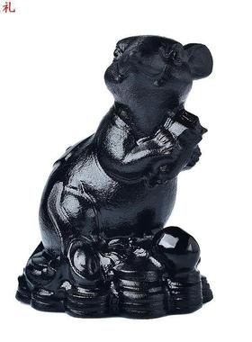 玉石老鼠肖鼠黑曜石色吉祥物客家居厅12生肖鼠玉摆雕件桌生042521