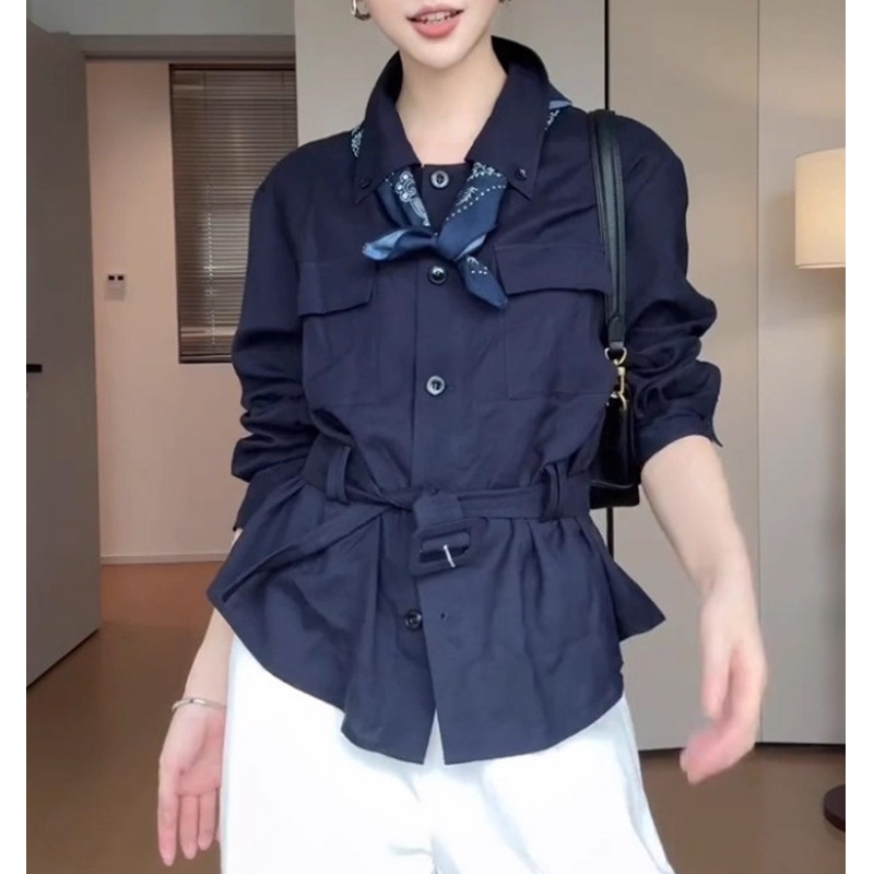 超好看藏蓝色长袖衬衫外套女2025秋季新款高级感气质独特收腰上衣