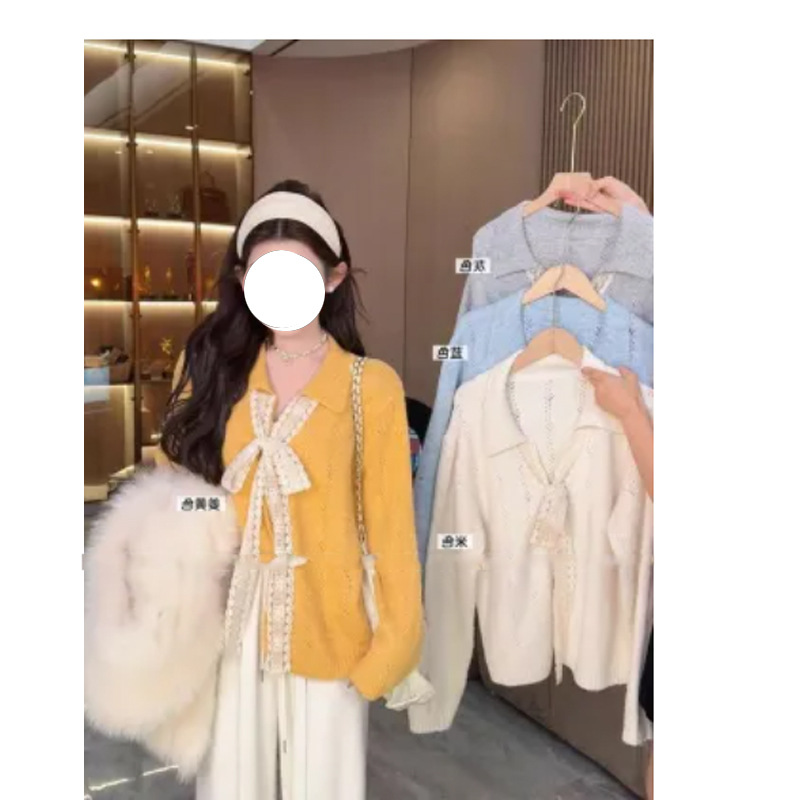 设计感拼接蕾丝系带蝴蝶结V领长袖针织毛衣开衫女早秋镂空短上衣
