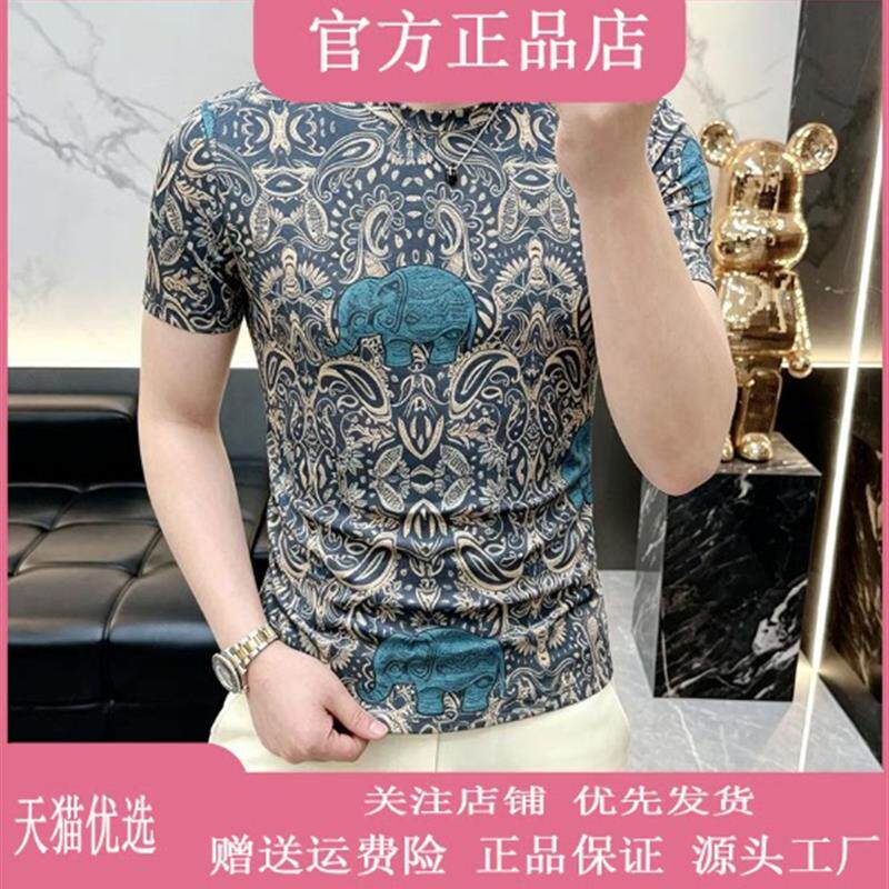 枫善服饰【港风限定】夏季修身男复古印花潮流透气圆领短袖T恤