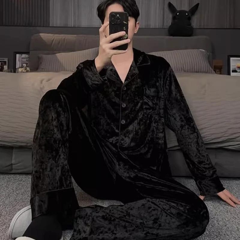 芷帆轻奢m高级感黑色金钻绒v睡衣男款秋冬季金丝绒男士家居服套装