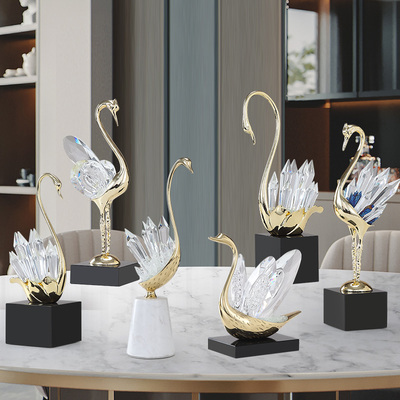 水晶天鹅摆件一对现代客厅电视柜酒柜床头柜家居饰品新房结婚礼物