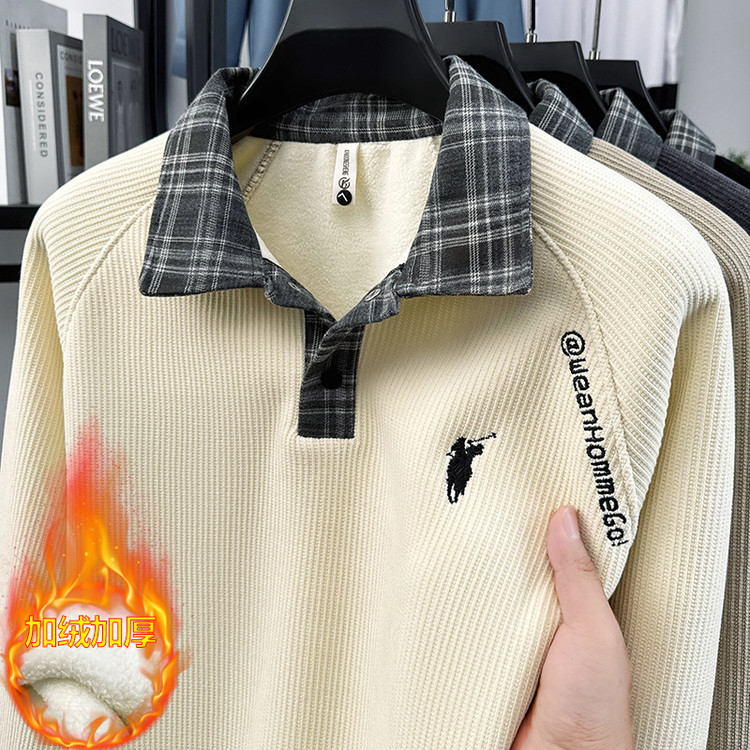 加绒加厚衬衫领假两件毛衣男2025冬季新款韩版休闲时尚男士针织衫