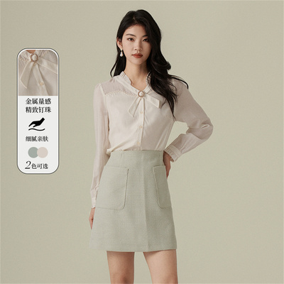 阿依莲衬衫上衣2025冬季新款女拼接蝴蝶结领口袖口气质甜美小衫