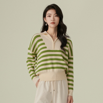 阿依莲polo领长袖针织衫女春秋季条纹修身显瘦外穿短款毛衣上衣