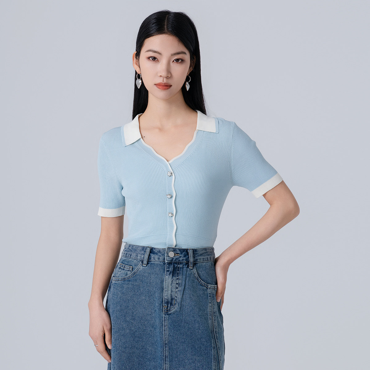 阿依莲针织衫短袖T恤女短款2026新款夏季弹力修身显瘦百搭上衣图片