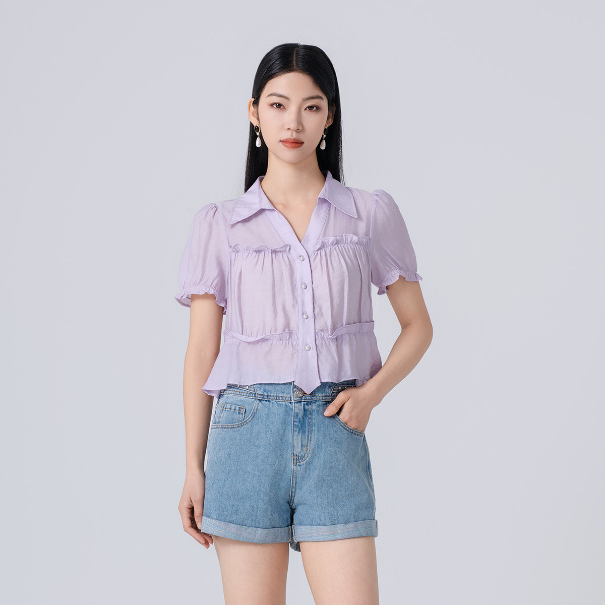阿依莲a.yilian翻领短袖衬衫女2026夏新款气质纯色百搭小衫上衣图片