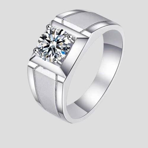 撤柜pt950男士钻戒1克拉培育钻石真钻单钻简约光面婚戒指情人节