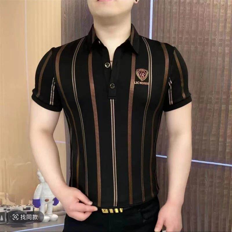 红玲珑服饰1轻奢男士时尚冰丝短袖休闲百搭潮流修身高品质Polo衫