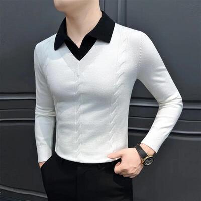 漫觅轻奢V领假两件男士针织衫条纹毛衣男款爆款男装打底衫