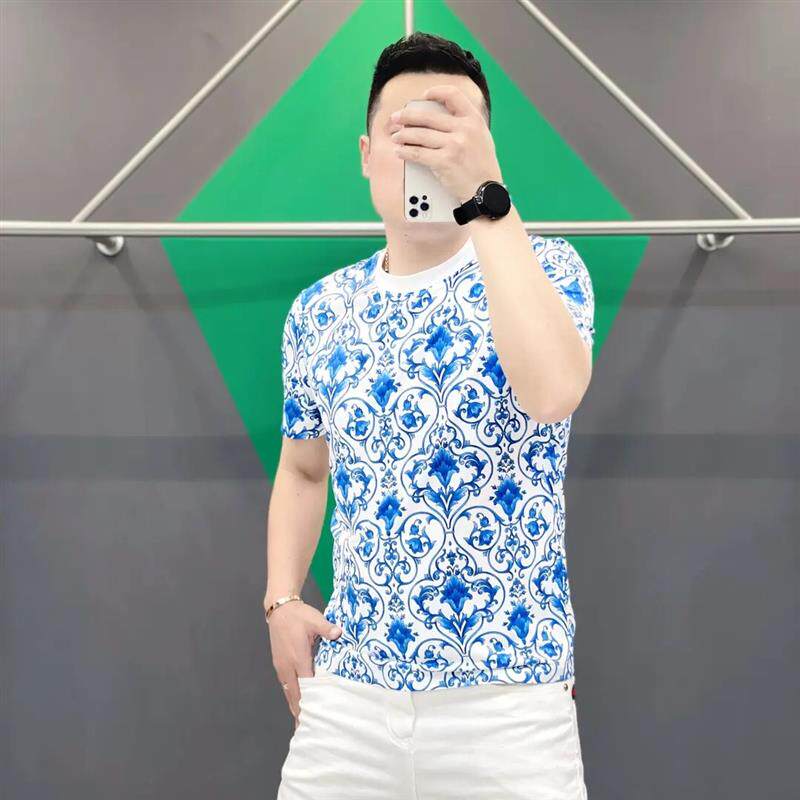 九英尺男装2026夏季新款男士T恤青花瓷时尚潮流休闲修身短袖上衣