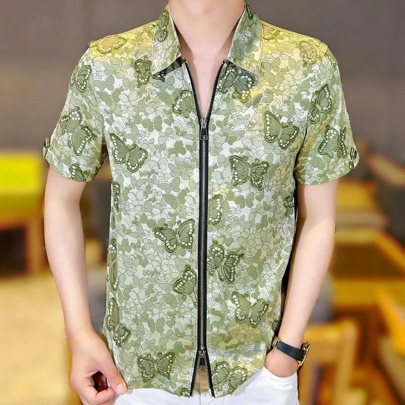 QINGL轻奢夏季男士休闲时尚百搭轻奢蝴蝶图案双拉链翻领短袖衬衫