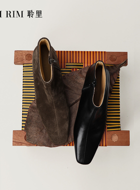 RIM RIM聆里手工欧洲塑形马皮靴显瘦隐形增高坡跟瘦瘦靴秋冬短靴