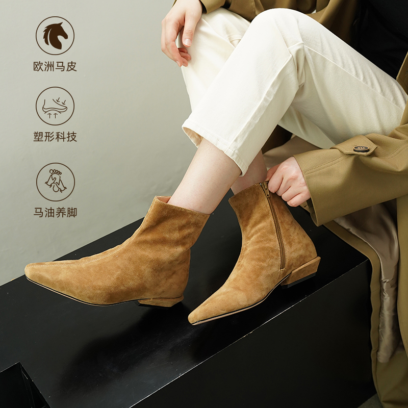 法式反绒瘦瘦靴真皮女鞋