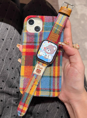 适用华为fit3表带ins秋冬复古可爱毛呢皮质表带watchFit2高级女iwatchS10/9/8/7/6/5/4代se可爱45mm腕带41mm