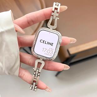 适用华为watchFit4表带镶钻马蹄金属表链华为fit3闪钻表带46mm高级女iWatchS10/9/8/7/6/5代se闪钻手表链45mm