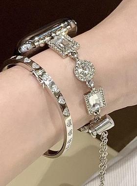 适用华为watchFit4表带ins钻石闪钻手链iWatchS10/9/8/7/6/5代se2高级41mm女45mm镶钻9Pro腕带红米watch5表带