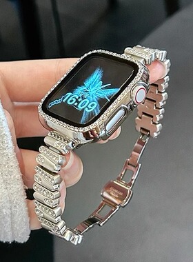 适用华为fit4表带Fit3满镶钻不规则金属表链iwatchS10/9/8/7/6/5代se高级41mm女45mm闪钻壳米89Pro腕带华为D2