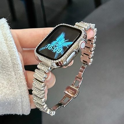 适用华为fit4表带Fit3满镶钻不规则金属表链iwatchS10/9/8/7/6/5代se高级41mm女45mm闪钻壳米89Pro腕带华为D2