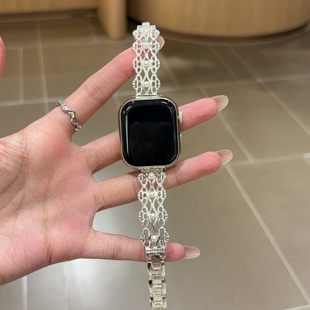 6代se2高级41mm女45mm镶钻89Pro腕带红米watch54 适用华为Fit4表带fit3珍珠蕾丝花朵铜质表链iWatchS10