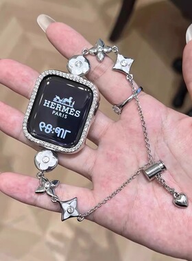 适用华为Fit4表带ins闪钻老花四叶草伸缩链iwatchS11/10/9876代se3高级41mm女45mm镶钻红米watch5/4腕带89Pro