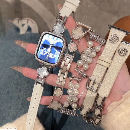 适用华为fit3表带Fit4代ins千金风四叶草闪钻表链iwatch苹果S10/9/8/7/6代se气质百搭45mm高级女41mm秋冬46mm