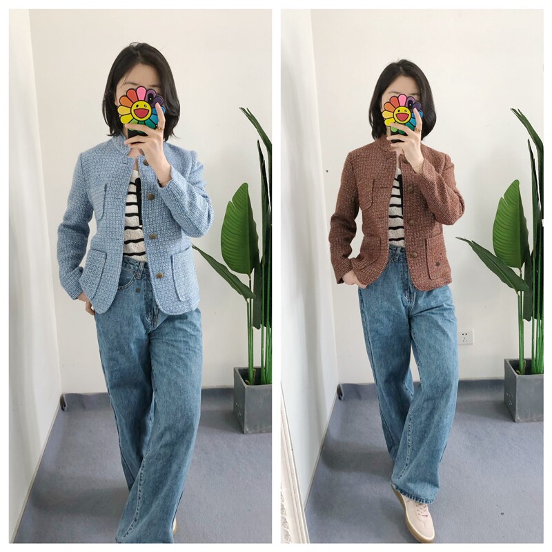 重磅款 买手店loro 小香风羊毛花呢立领口袋夹克西装外套女
