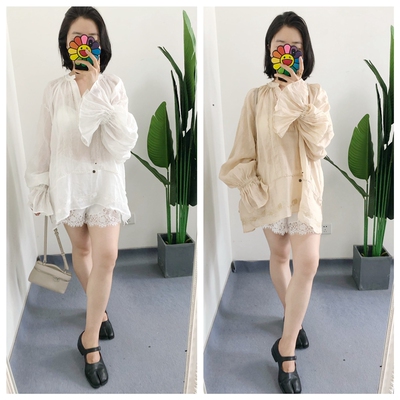Y标 买手店east 苎麻宽松织带刺绣法式度假风轻薄仙气泡泡袖衬衫