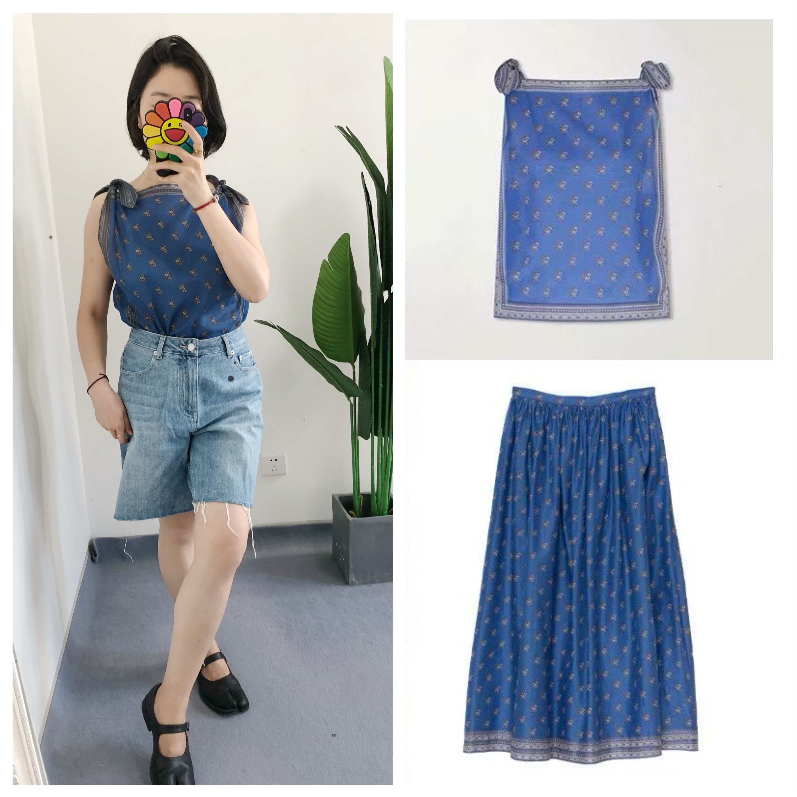 原标 买手店do*n AMALIA 复古蓝色碎花有机棉打结衬衫短上衣半裙