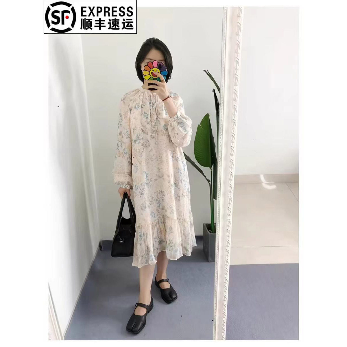 折 S1M1 Y标 买手店cel 清新唯美桑蚕丝印花真丝连衣裙中长裙