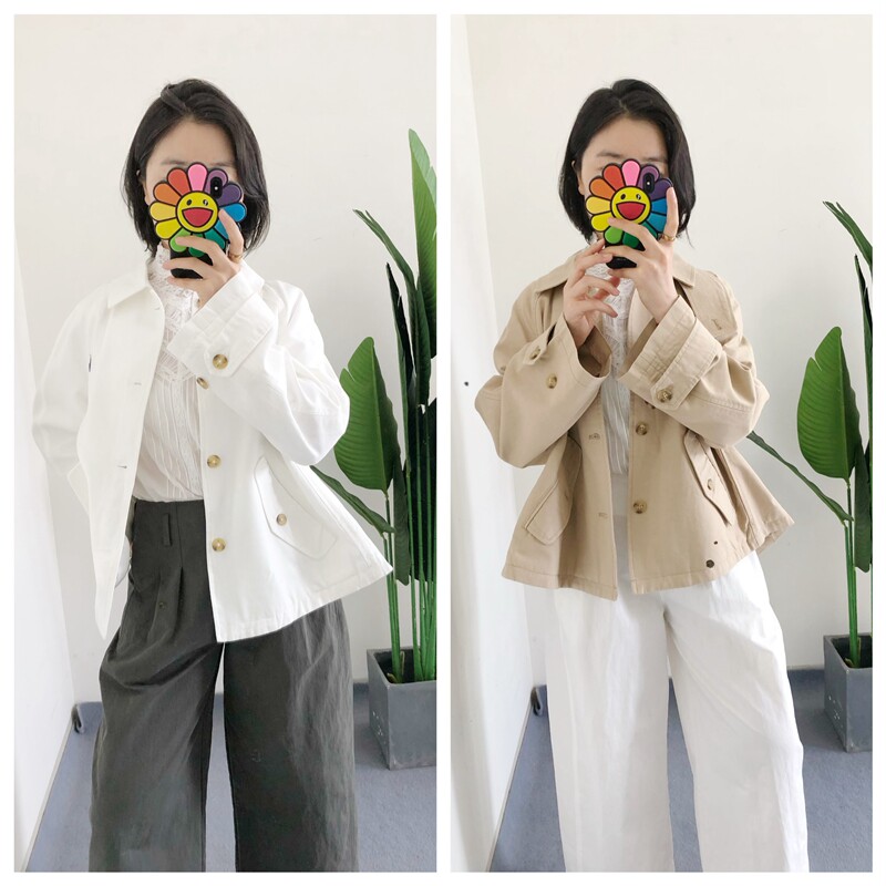 买手店 秋季女款斜纹棉布宽松夹克外套短风衣单排扣