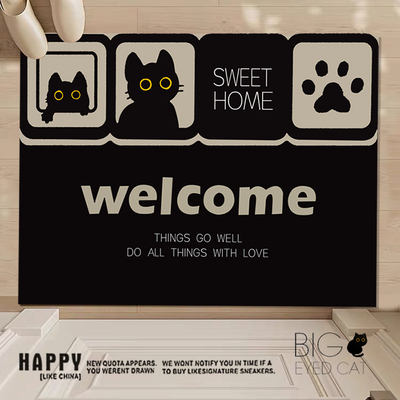 HAPPY可爱小黑猫欢迎回家地垫家用入户门除尘丝圈防滑耐磨地毯