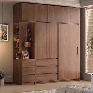 实木橡木衣柜拉门家用卧室北欧纯胡桃色移门全原木挂式 衣橱家俱