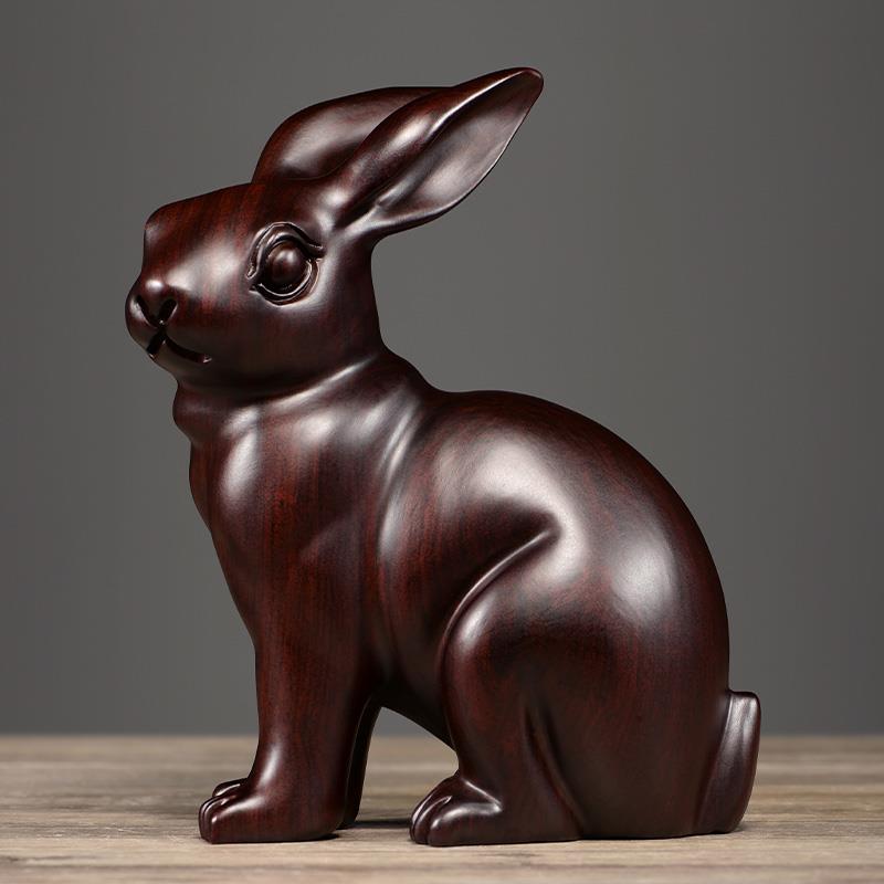 黑檀木雕兔子摆件实木质雕刻十二生肖可爱站兔家居客厅装饰工艺品
