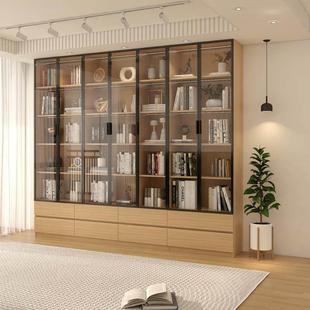 实木书柜储物柜一体整墙到顶带玻璃门客厅一面墙展示柜落地陈列柜