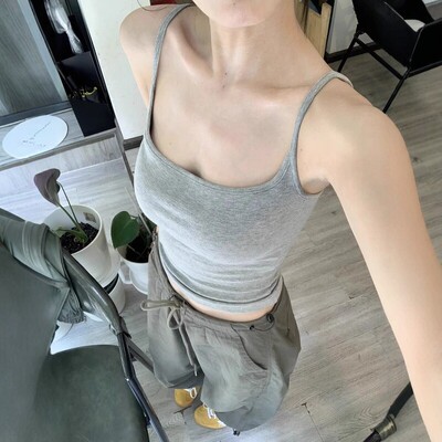 无胸垫吊带背心女法式高级感灰色紧身辣妹锁骨纯欲夏季bm风打底衣