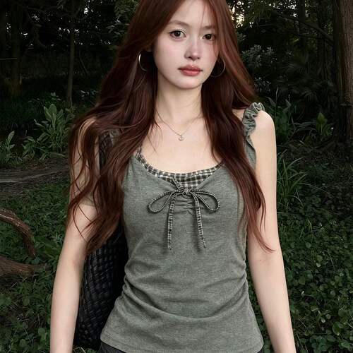 韩系格纹拼接假两件蝴蝶结背心吊带女夏季超火减龄气质无袖上衣潮