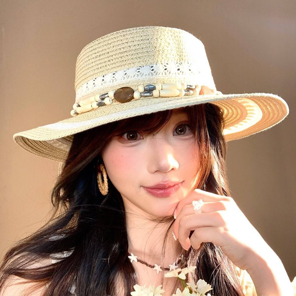 夏季波西米亚风草编帽子女款高品质透气草帽海边沙滩显脸小防晒帽