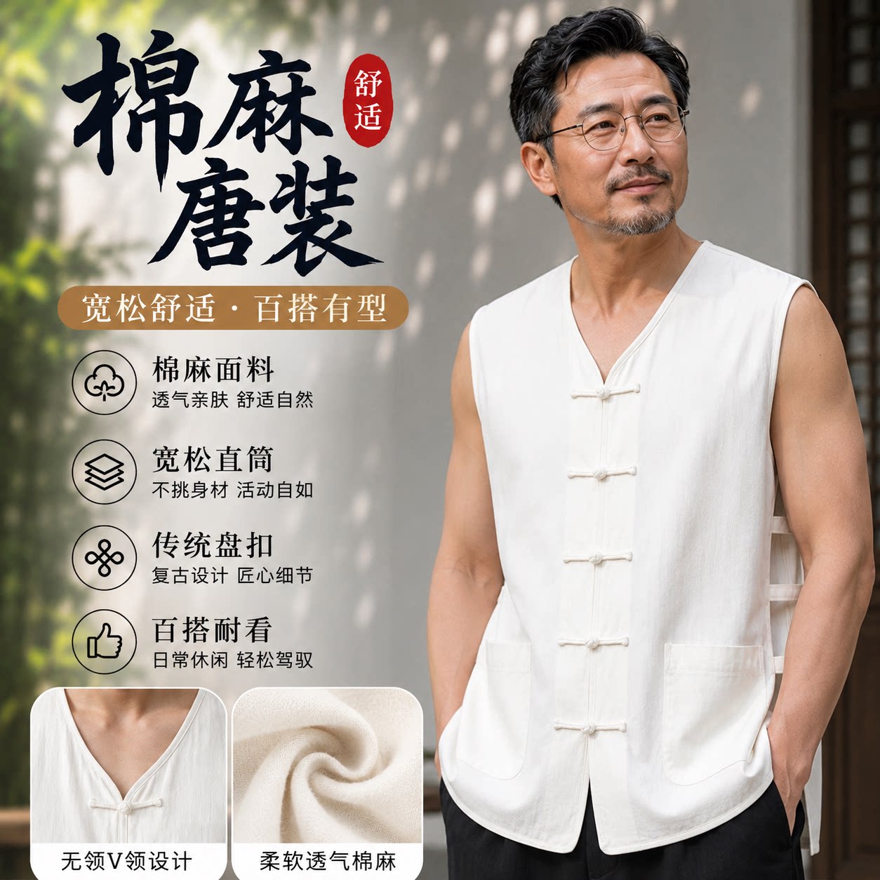 新中式棉麻唐装马甲男夏季无袖背心坎肩马褂中国风盘扣休闲上衣