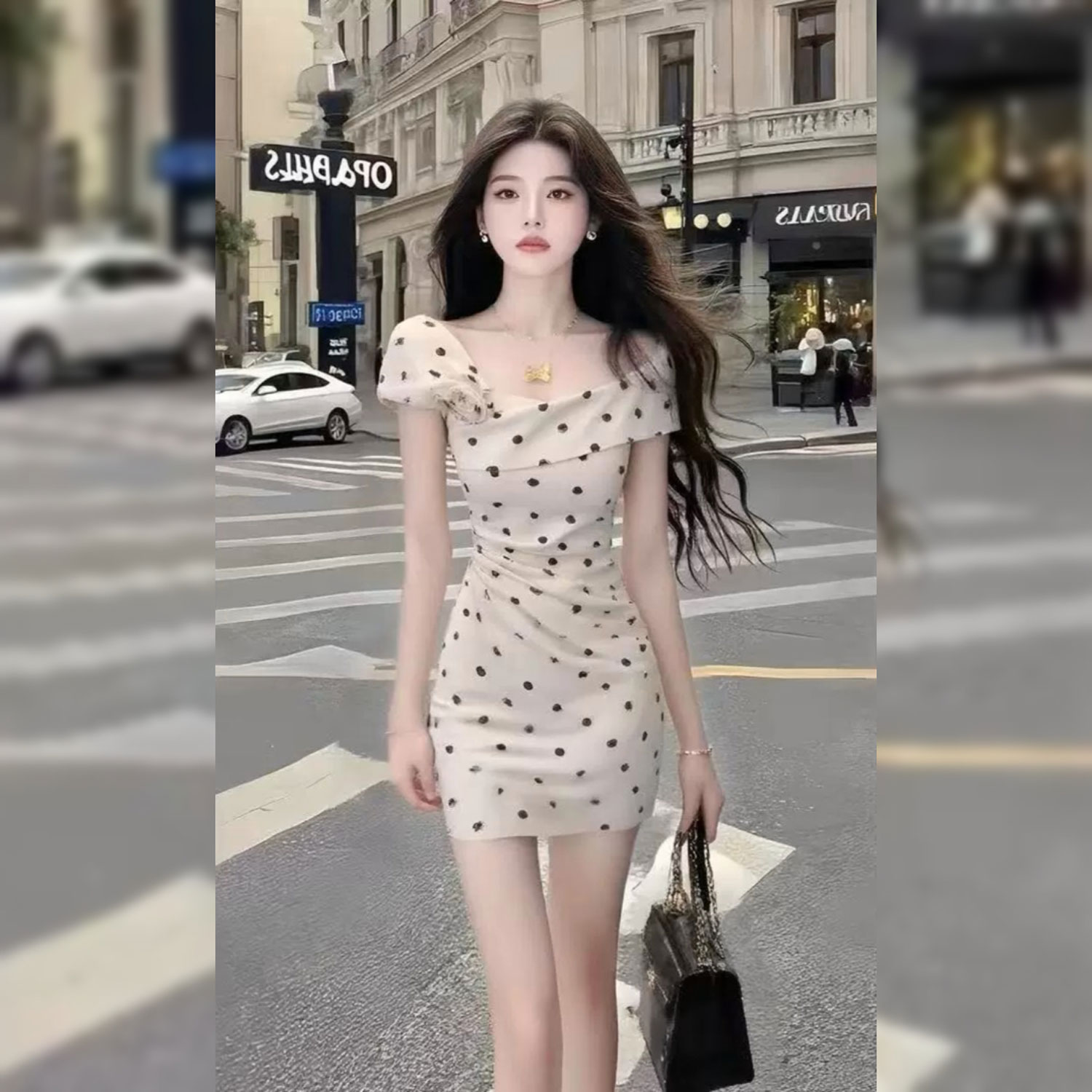 法式复古白色波点连衣裙女小众设计高级感气质不规则收腰包臀短裙